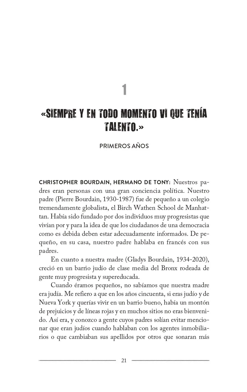 Hoja del libro Bourdain La biografía oral definitiva