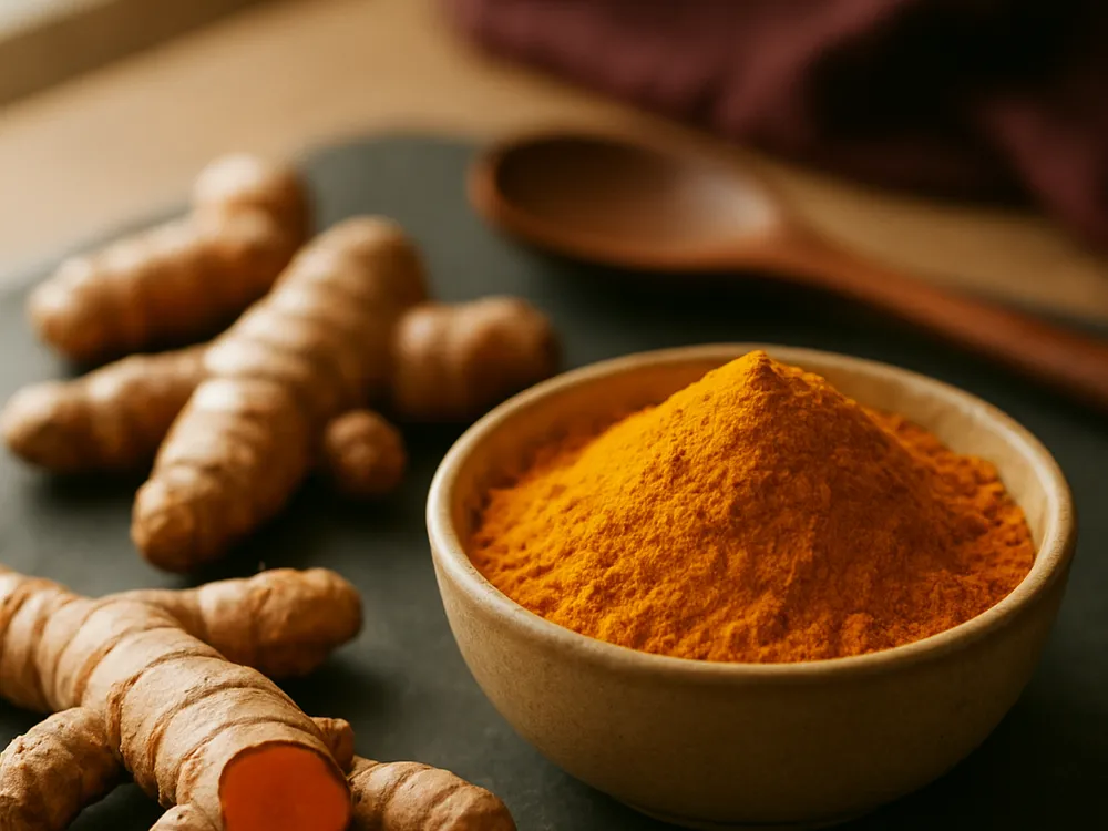 Cúrcuma: polvo de cúrcuma y raíces frescas
