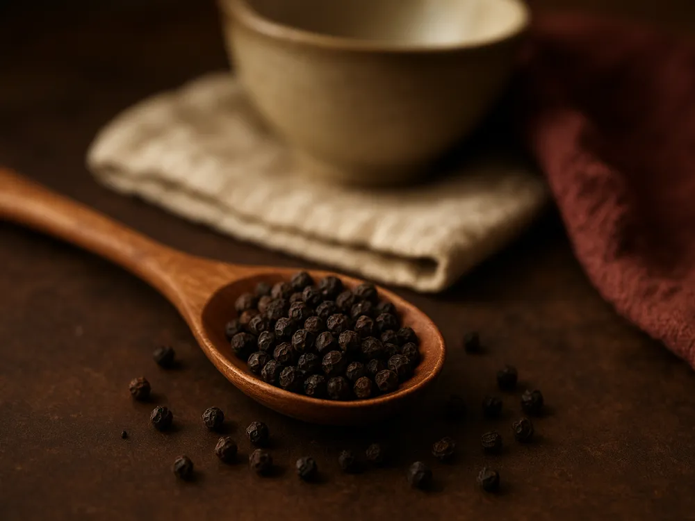 Pimienta negra: granos de pimienta en una cuchara de madera