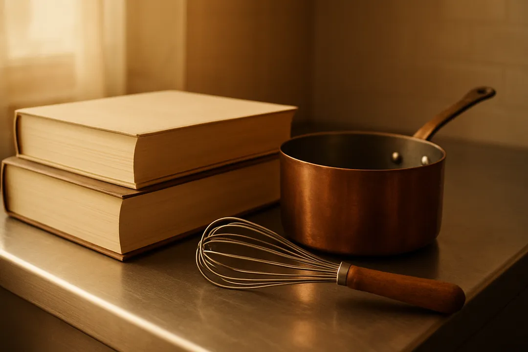 Libros de cocina francesa junto a una cacerola de cobre y unas varillas
