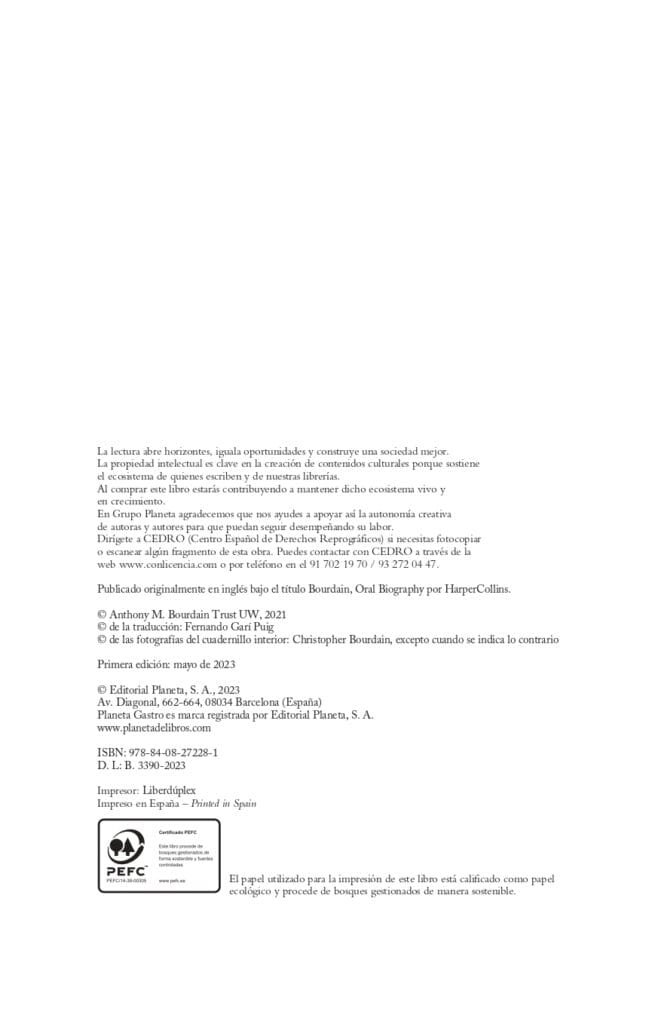 Hoja del libro Bourdain La biografía oral definitiva